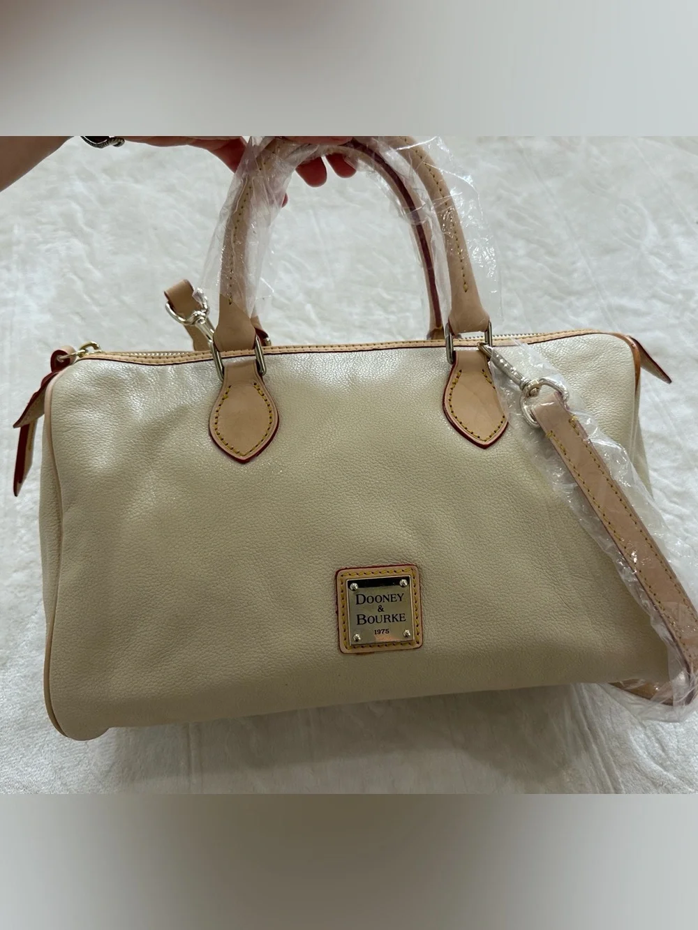 Dooney & Bourke Cream Leather Satchel with Tan Trim and Navy Tag Accent